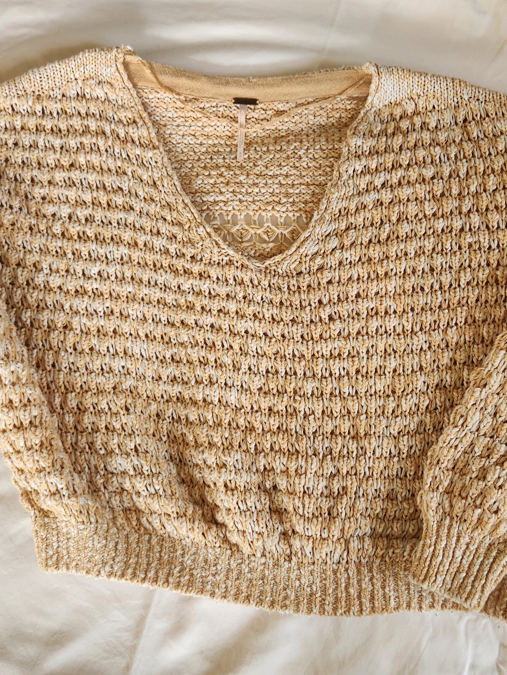 Free People Cream & Tan V-Neck Chunky Knit Sweater